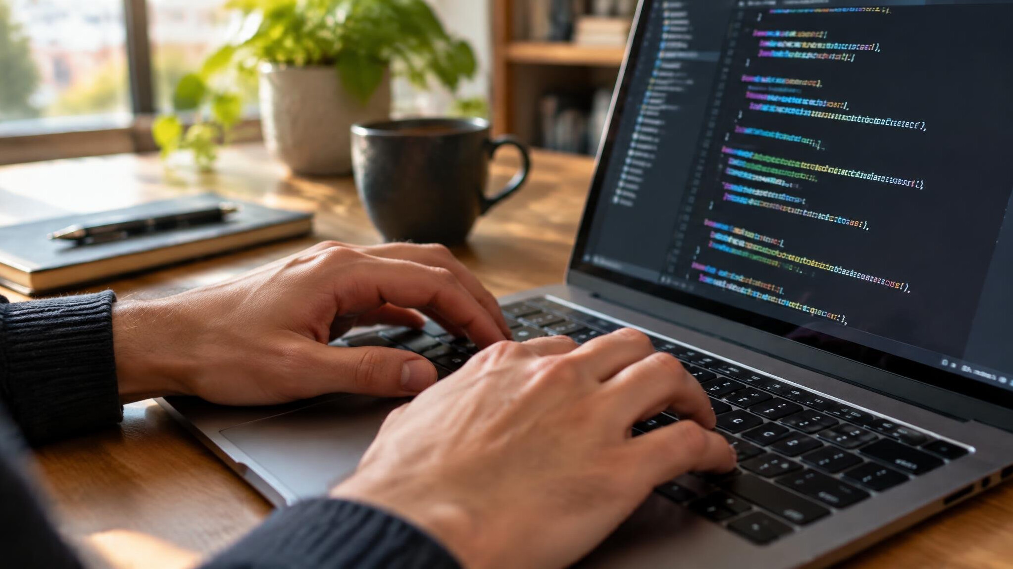 Close-up of hands typing code on a laptop keyboard