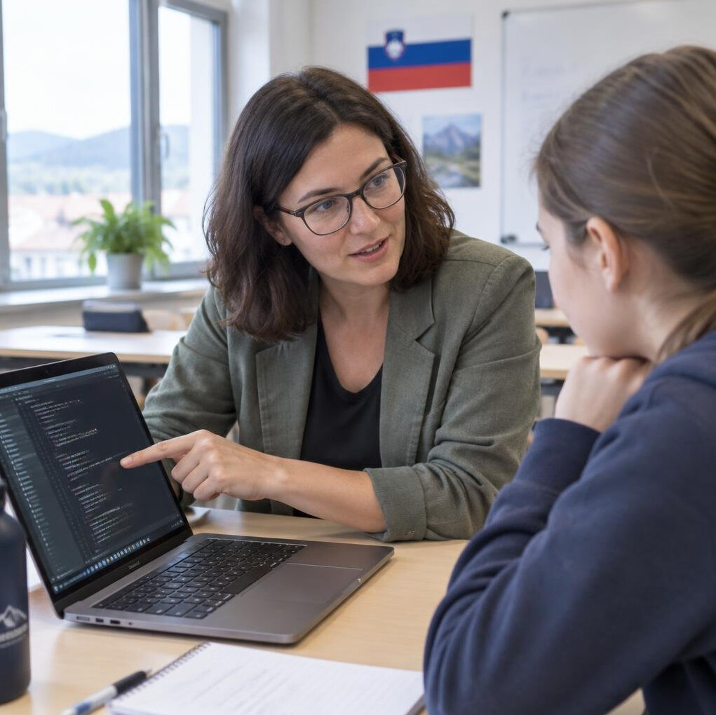 Mentor explaining code to a student on a laptop