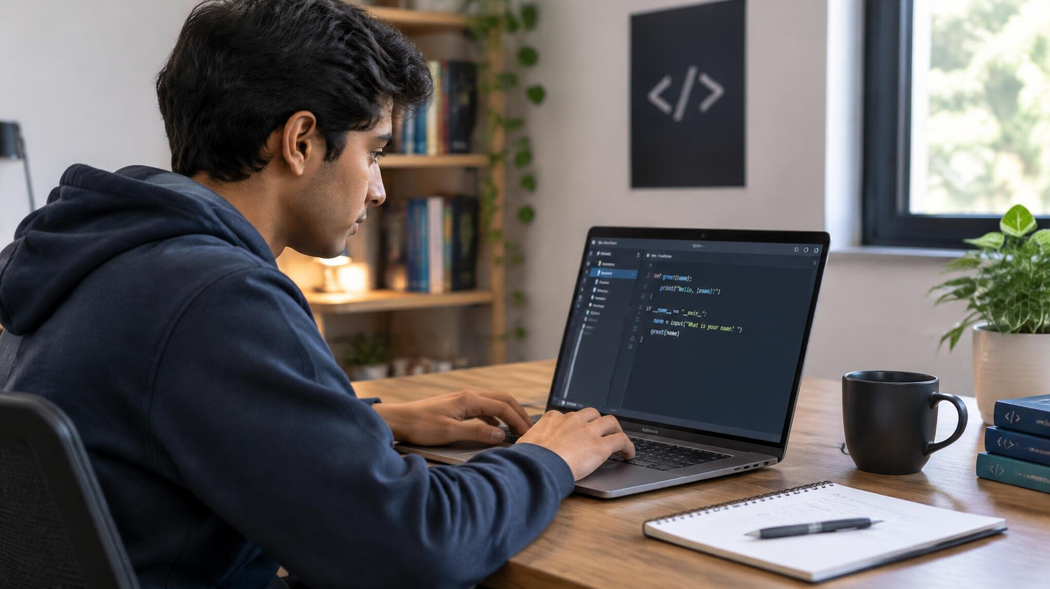young man coding on laptop
