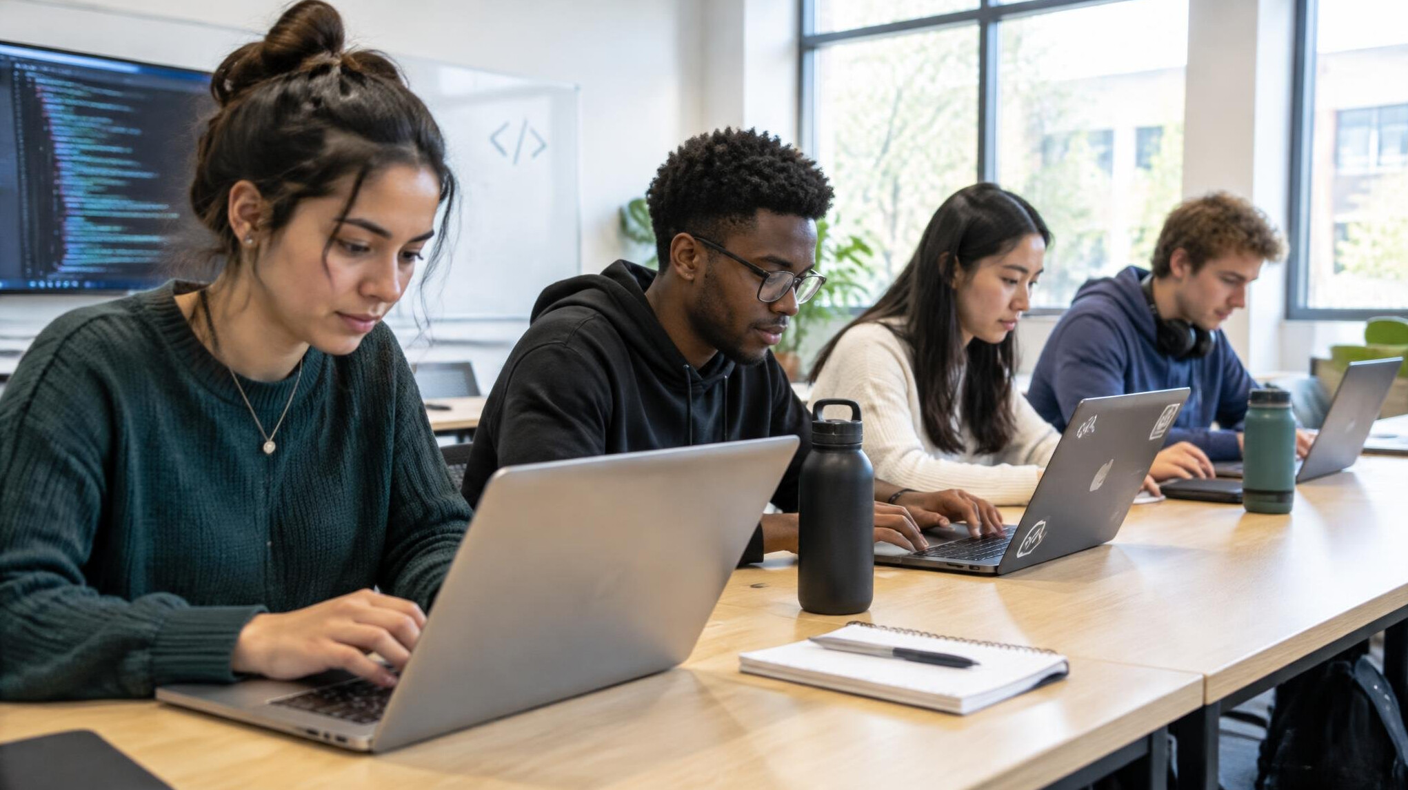 Group of students working on laptops during a coding workshop