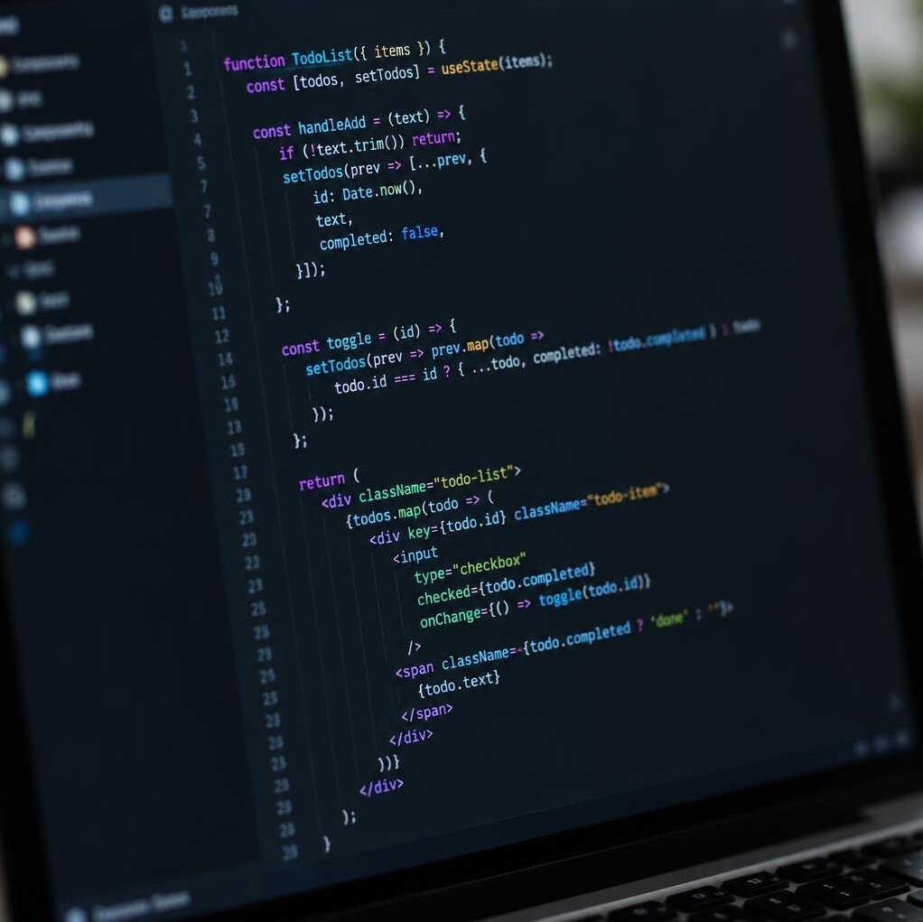 Laptop screen showing colorful lines of programming code