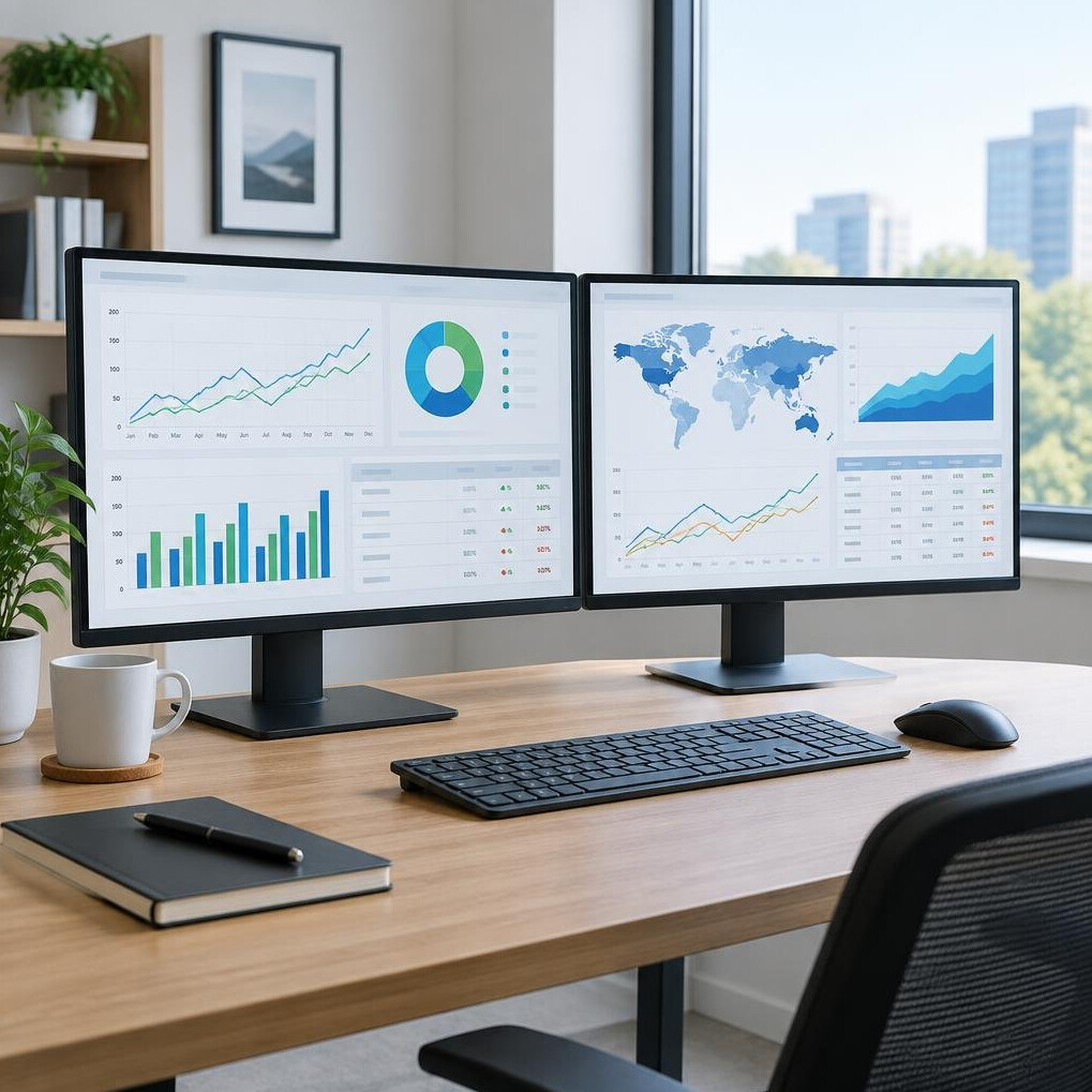 Desk with multiple monitors displaying data charts and graphs