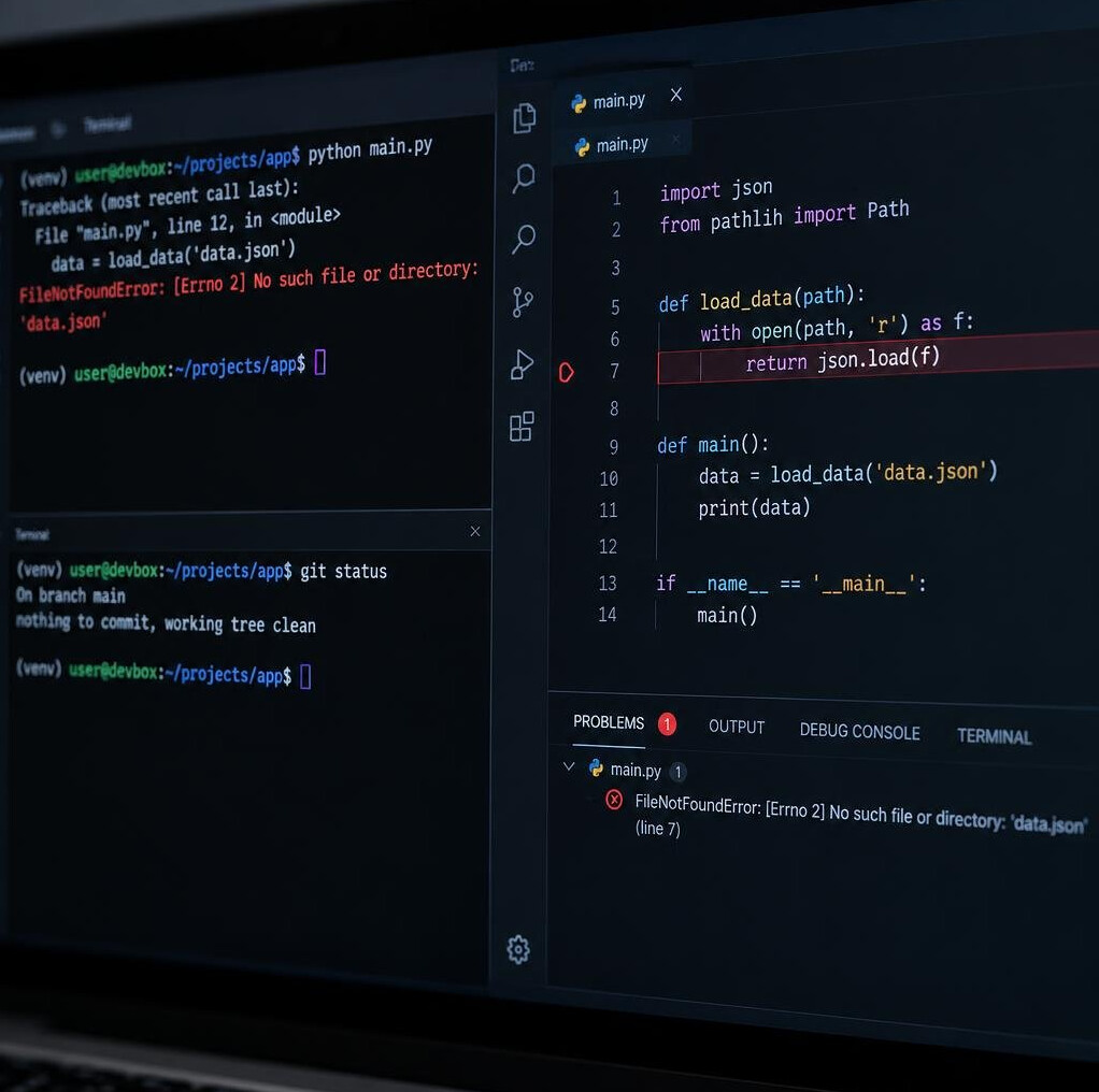 Developer debugging code with multiple terminal windows open