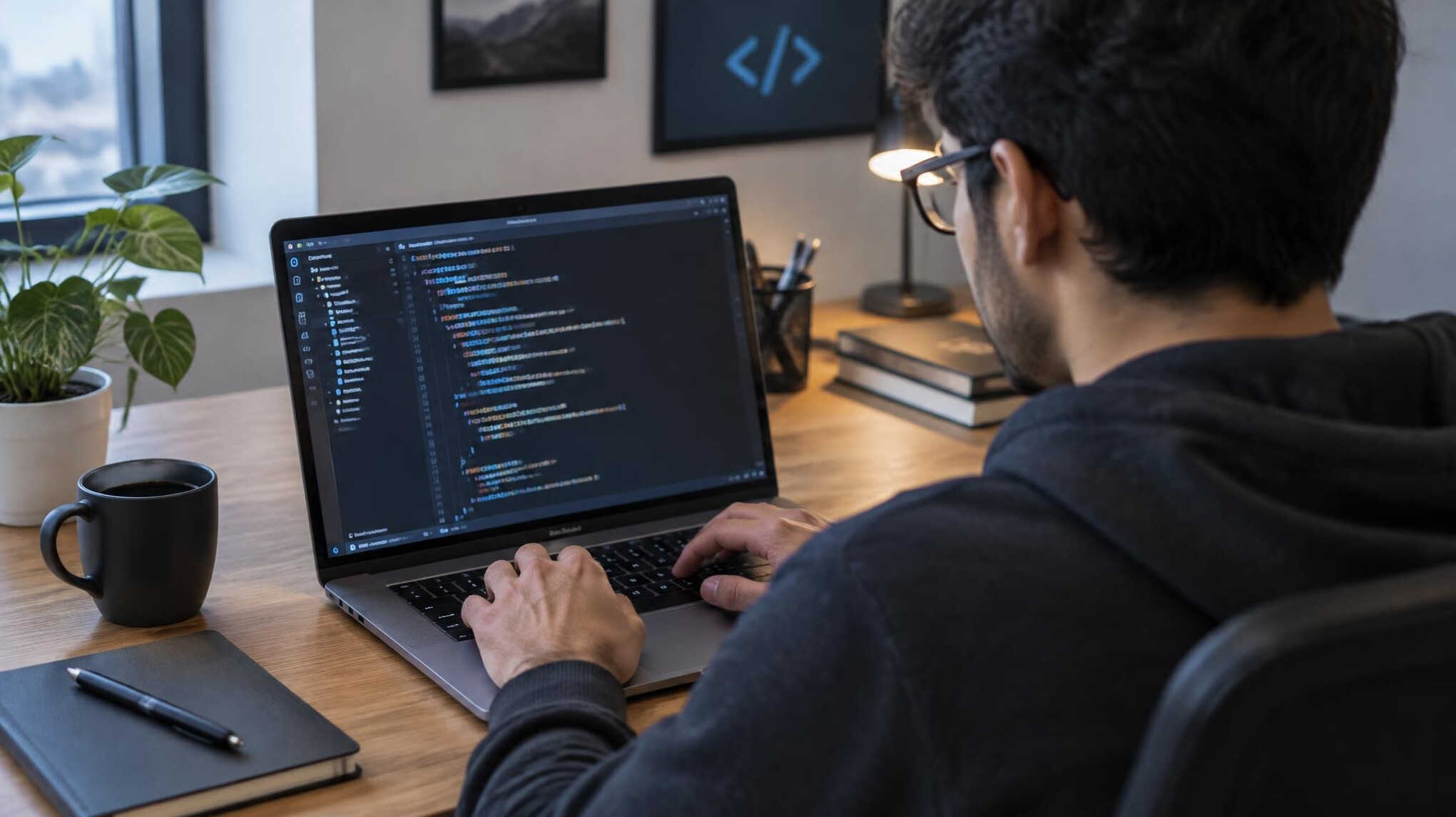 person coding on laptop