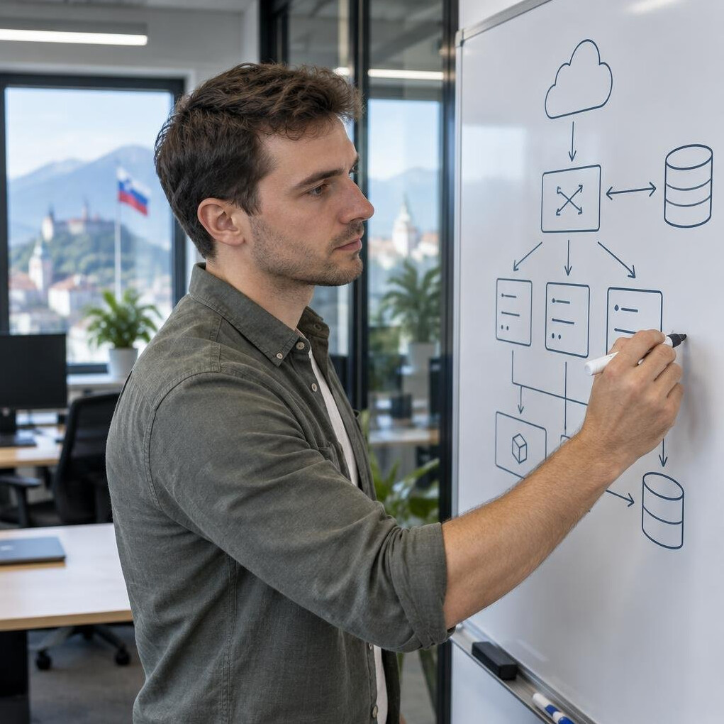 Software architect sketching a system diagram on a whiteboard