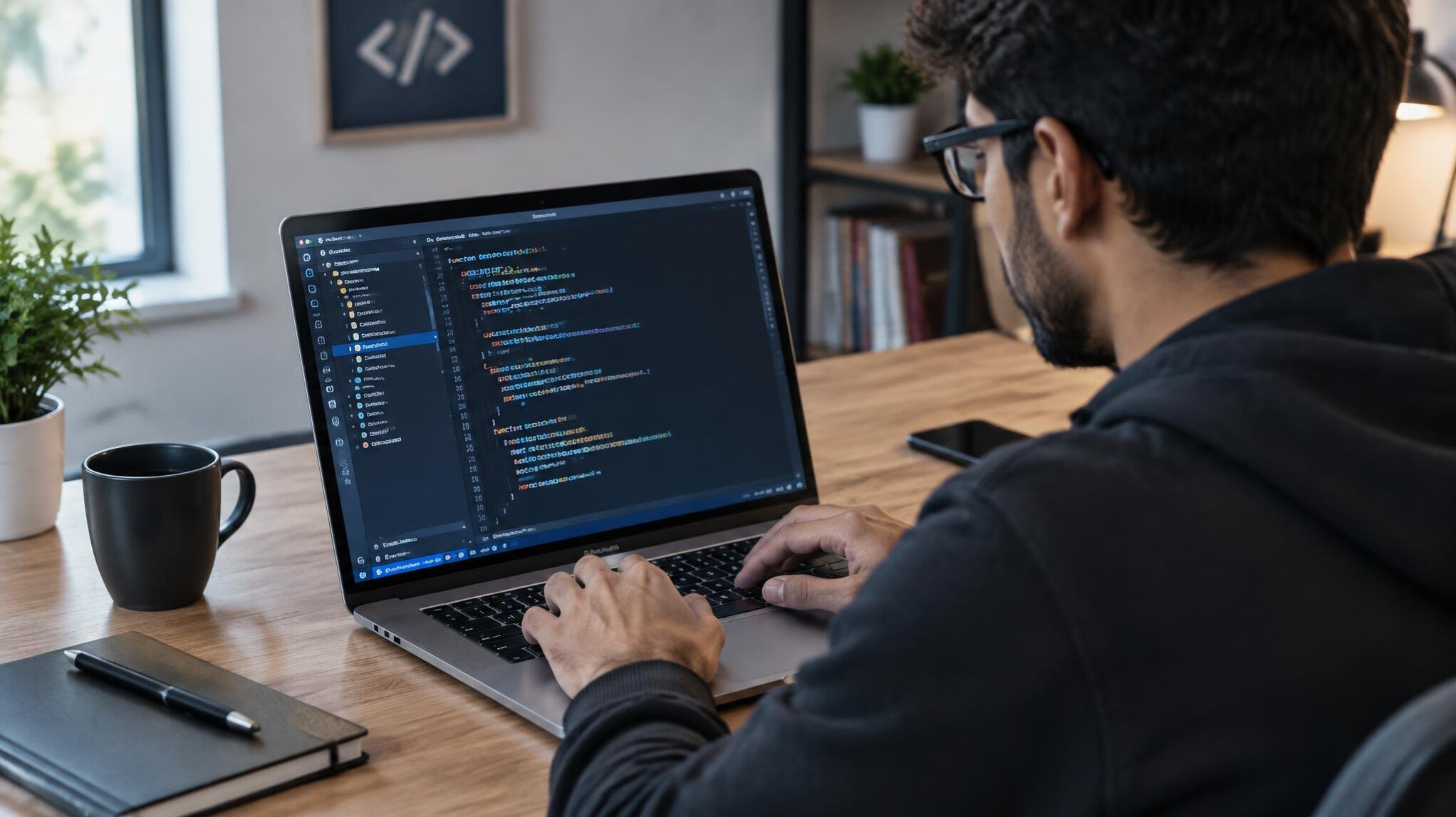 person coding on laptop
