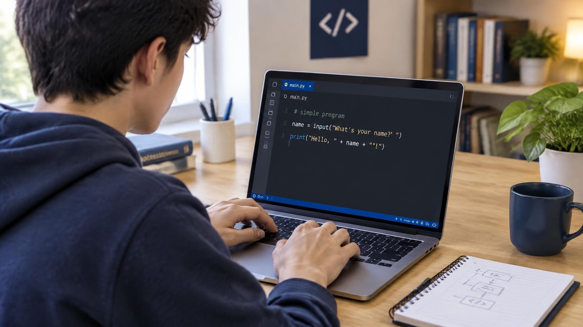 beginner programmer at desk