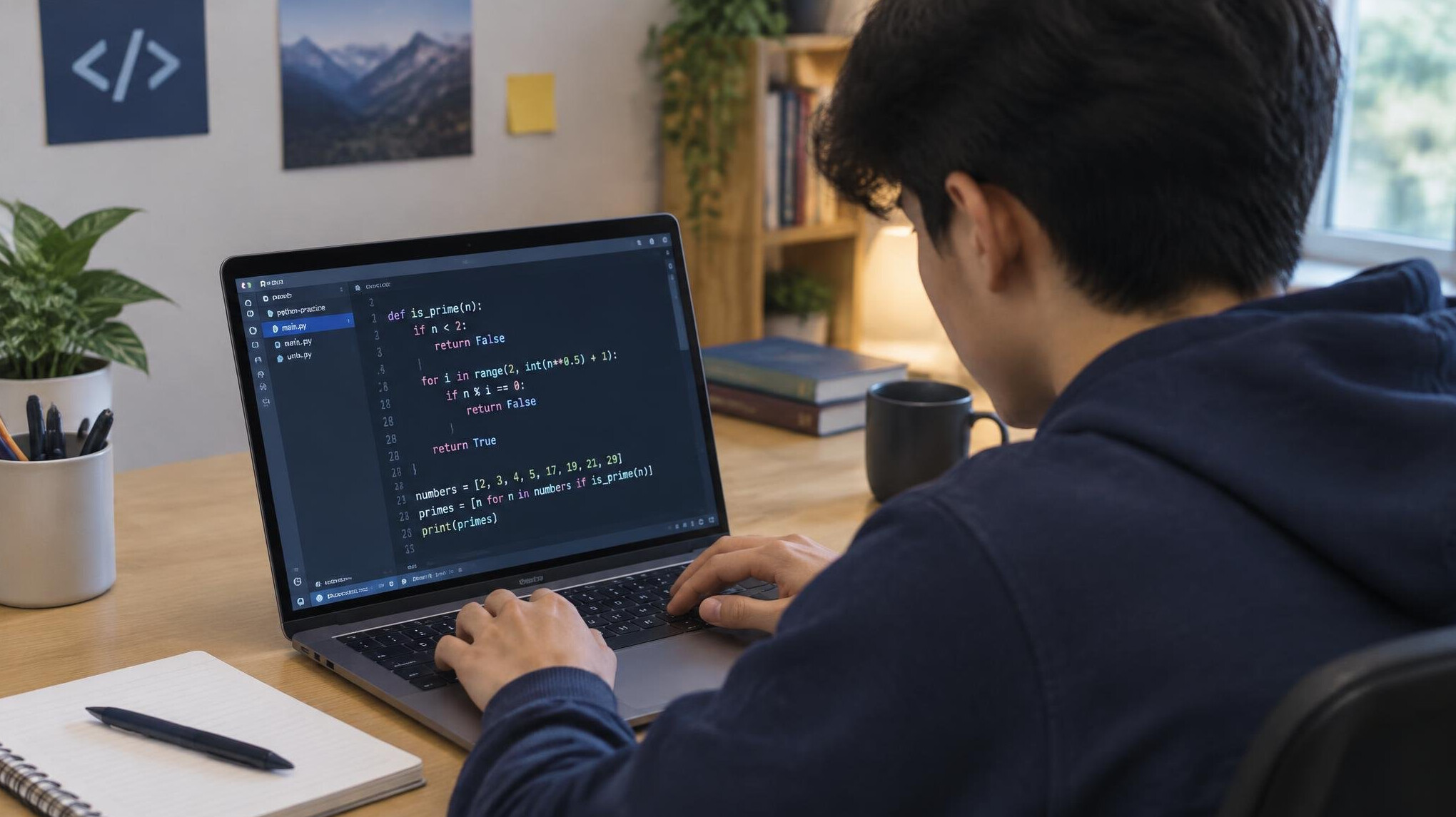 student coding on laptop