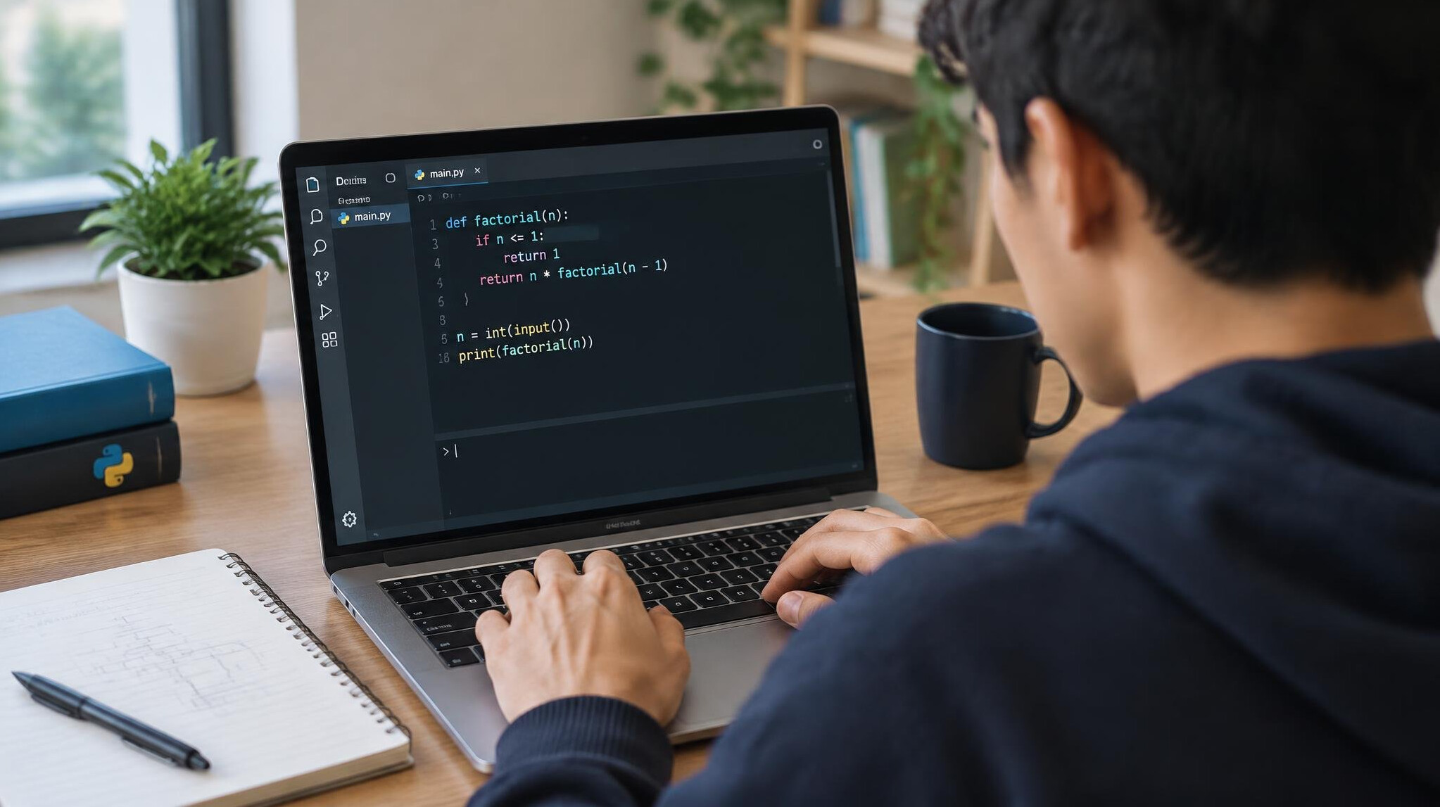 student coding on laptop